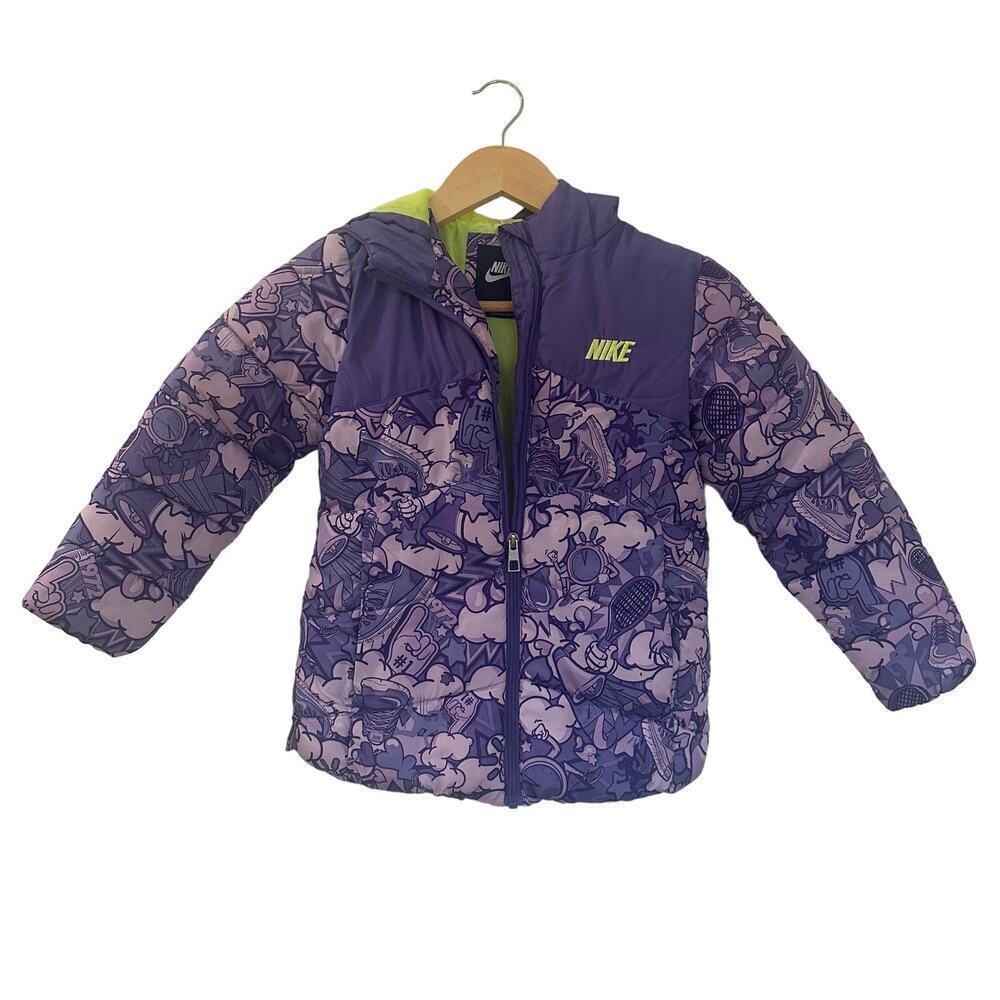 Nike Girls Size 6 Purple Graphic Print Hooded Puffer Winter Jacket